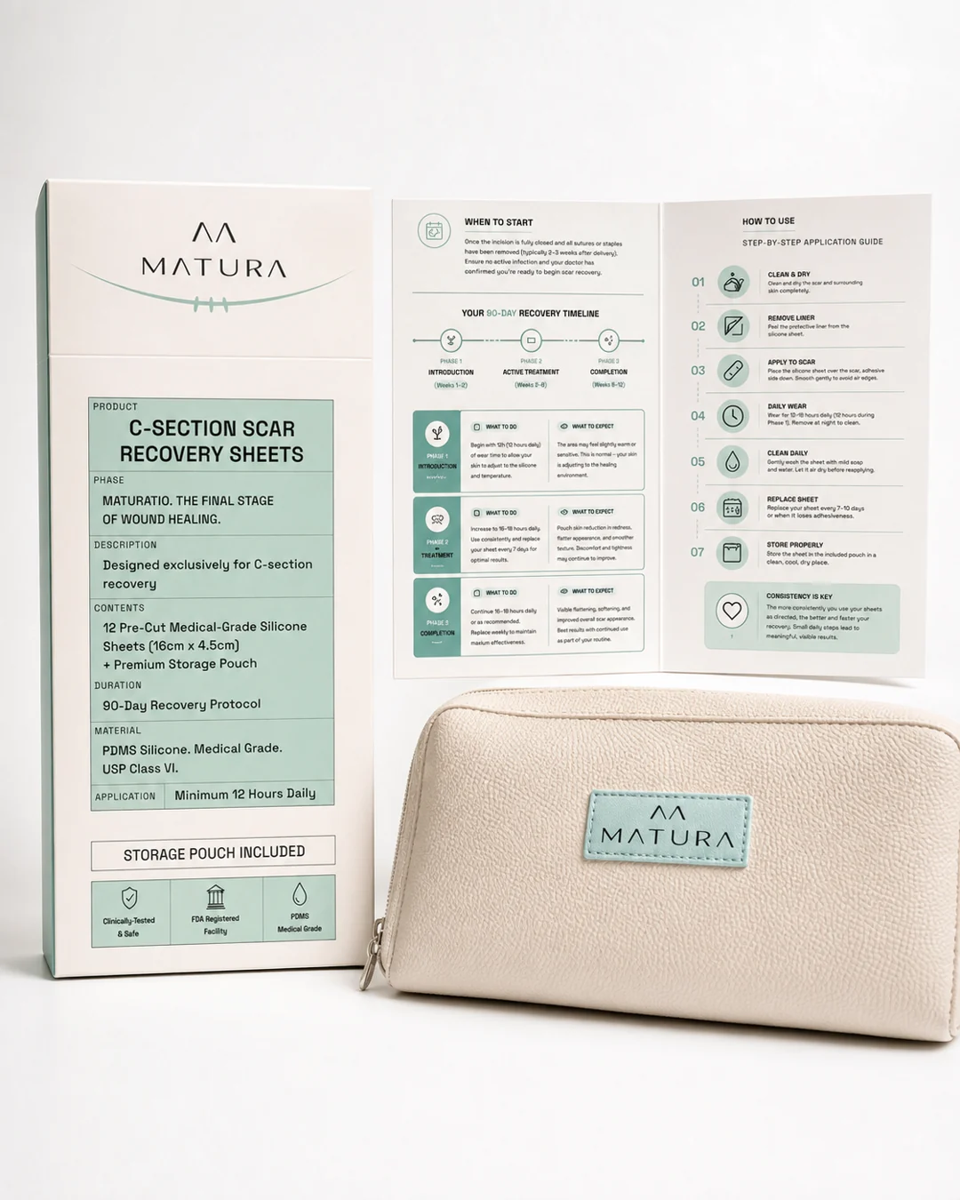 The complete Matura kit · box, 90-day protocol guide and branded storage pouch