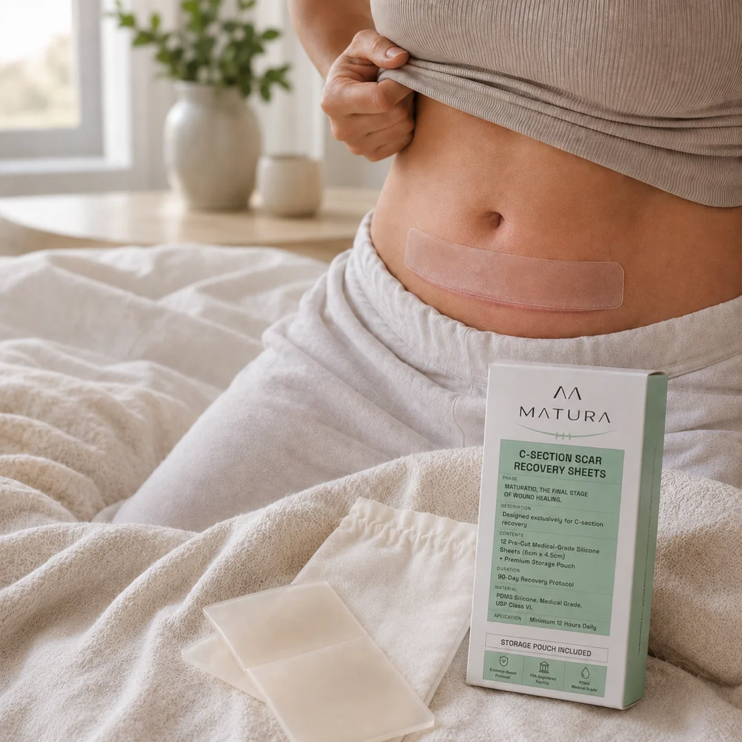 Applying a Matura silicone recovery sheet to a C-section scar